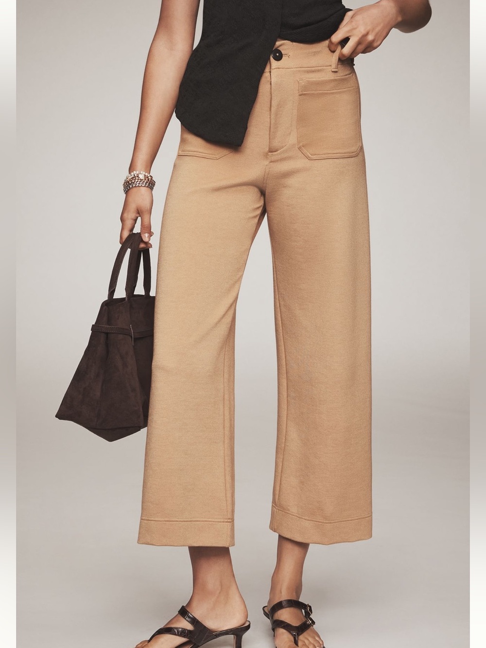 Anthropologie Colette Pants Maeve Cropped Wide Leg Knit New 28 Khaki Brown Camel